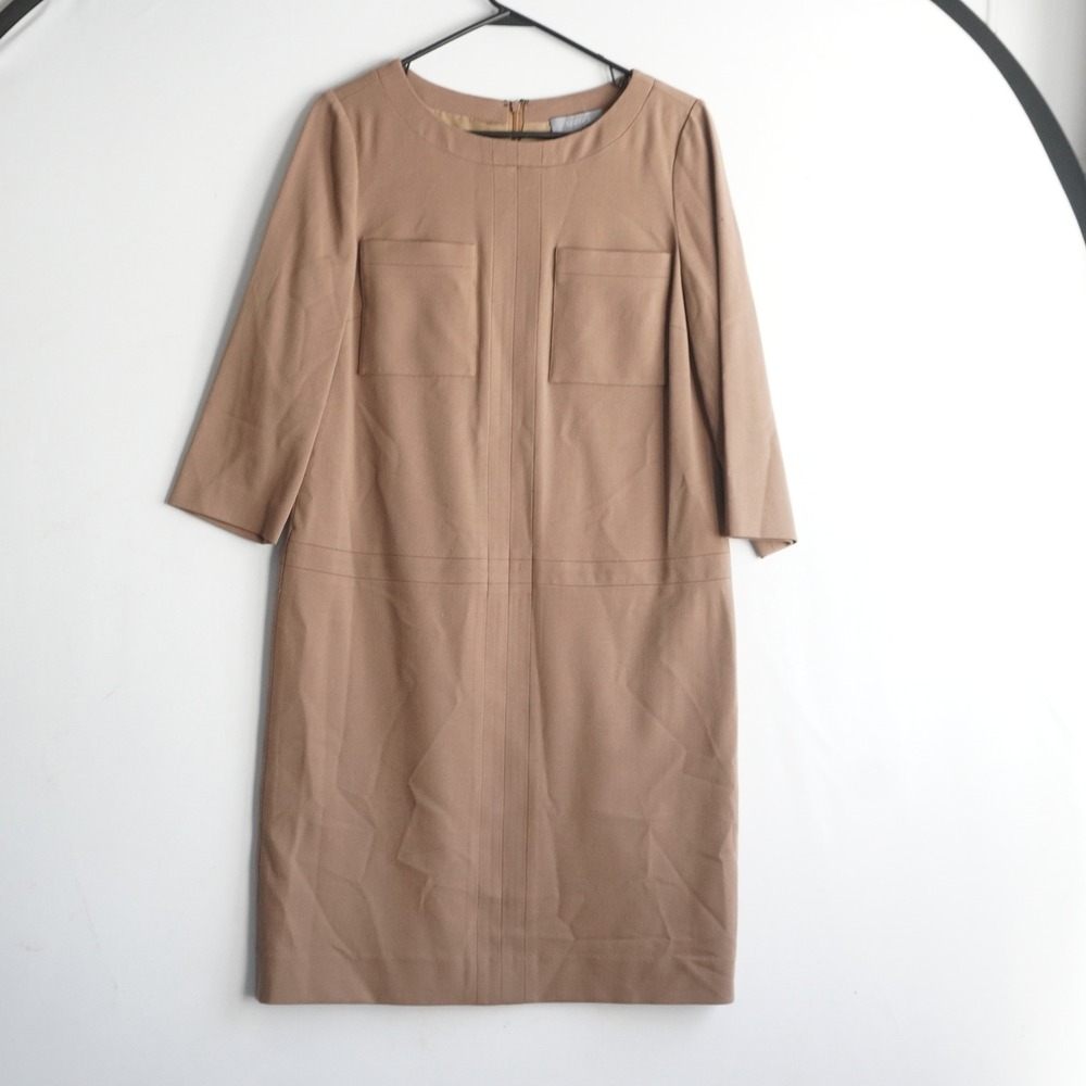 ECCOCI Wool Lagen Tan Beige Knee Length Sheath Dress 3/4 Sleeve‎ Pockets Size 10